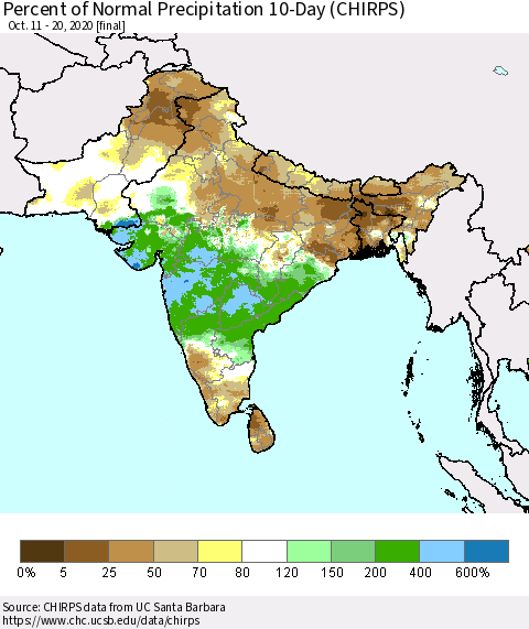 Southern Asia Percent of Normal Precipitation 10-Day (CHIRPS) Thematic Map For 10/11/2020 - 10/20/2020