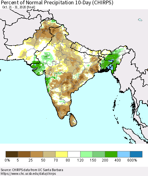 Southern Asia Percent of Normal Precipitation 10-Day (CHIRPS) Thematic Map For 10/21/2020 - 10/31/2020