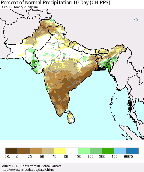 Southern Asia Percent of Normal Precipitation 10-Day (CHIRPS) Thematic Map For 10/26/2020 - 11/5/2020