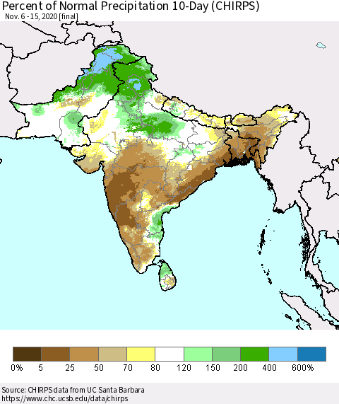 Southern Asia Percent of Normal Precipitation 10-Day (CHIRPS) Thematic Map For 11/6/2020 - 11/15/2020