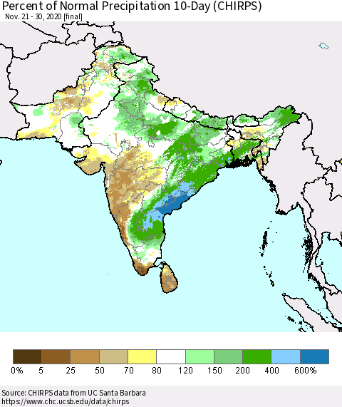 Southern Asia Percent of Normal Precipitation 10-Day (CHIRPS) Thematic Map For 11/21/2020 - 11/30/2020