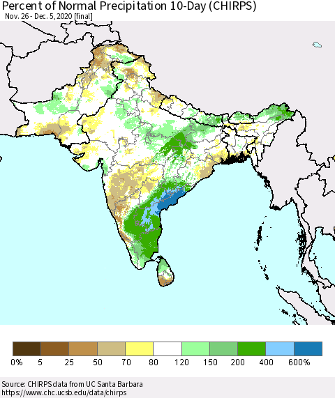 Southern Asia Percent of Normal Precipitation 10-Day (CHIRPS) Thematic Map For 11/26/2020 - 12/5/2020