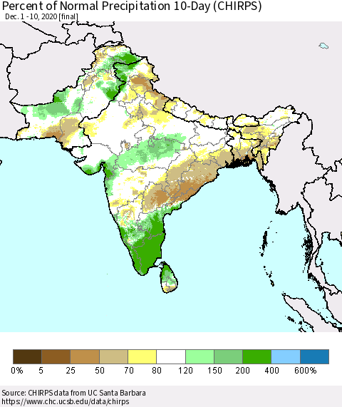 Southern Asia Percent of Normal Precipitation 10-Day (CHIRPS) Thematic Map For 12/1/2020 - 12/10/2020