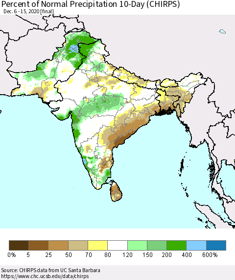 Southern Asia Percent of Normal Precipitation 10-Day (CHIRPS) Thematic Map For 12/6/2020 - 12/15/2020