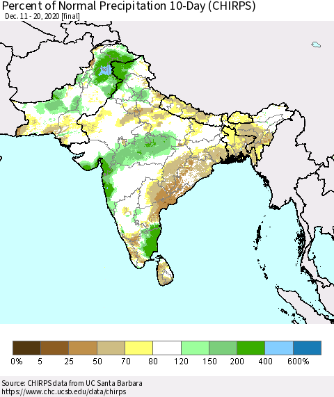 Southern Asia Percent of Normal Precipitation 10-Day (CHIRPS) Thematic Map For 12/11/2020 - 12/20/2020