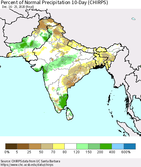 Southern Asia Percent of Normal Precipitation 10-Day (CHIRPS) Thematic Map For 12/16/2020 - 12/25/2020
