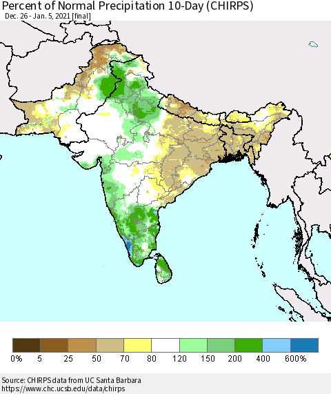 Southern Asia Percent of Normal Precipitation 10-Day (CHIRPS) Thematic Map For 12/26/2020 - 1/5/2021
