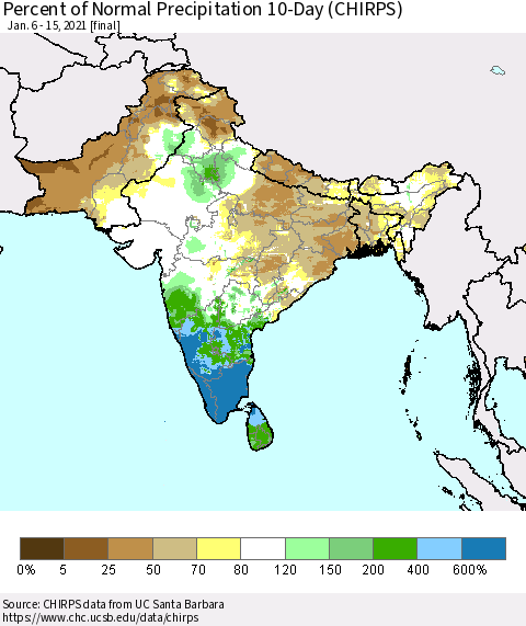 Southern Asia Percent of Normal Precipitation 10-Day (CHIRPS) Thematic Map For 1/6/2021 - 1/15/2021
