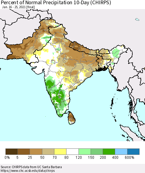 Southern Asia Percent of Normal Precipitation 10-Day (CHIRPS) Thematic Map For 1/16/2021 - 1/25/2021