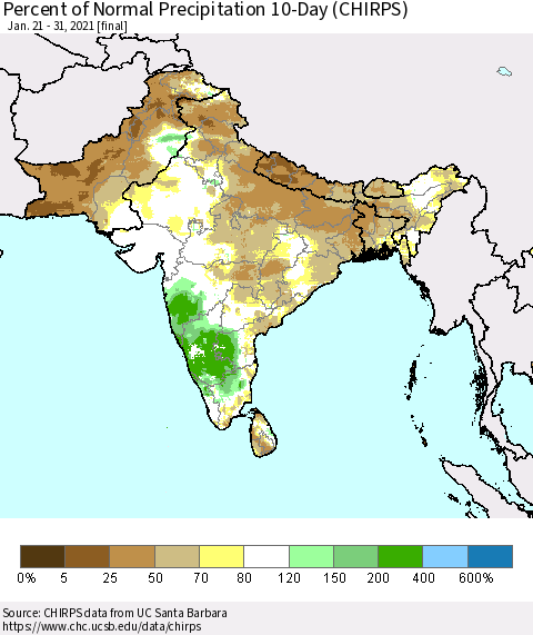 Southern Asia Percent of Normal Precipitation 10-Day (CHIRPS) Thematic Map For 1/21/2021 - 1/31/2021