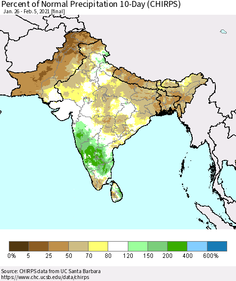 Southern Asia Percent of Normal Precipitation 10-Day (CHIRPS) Thematic Map For 1/26/2021 - 2/5/2021