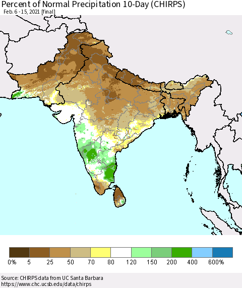 Southern Asia Percent of Normal Precipitation 10-Day (CHIRPS) Thematic Map For 2/6/2021 - 2/15/2021