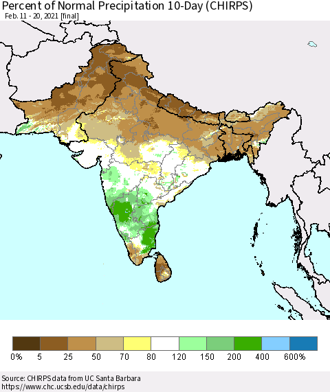Southern Asia Percent of Normal Precipitation 10-Day (CHIRPS) Thematic Map For 2/11/2021 - 2/20/2021