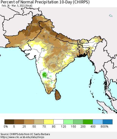 Southern Asia Percent of Normal Precipitation 10-Day (CHIRPS) Thematic Map For 2/26/2021 - 3/5/2021