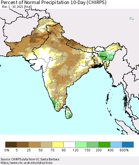Southern Asia Percent of Normal Precipitation 10-Day (CHIRPS) Thematic Map For 3/1/2021 - 3/10/2021
