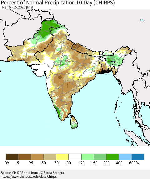 Southern Asia Percent of Normal Precipitation 10-Day (CHIRPS) Thematic Map For 3/6/2021 - 3/15/2021