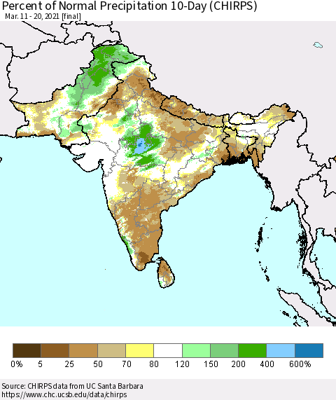 Southern Asia Percent of Normal Precipitation 10-Day (CHIRPS) Thematic Map For 3/11/2021 - 3/20/2021
