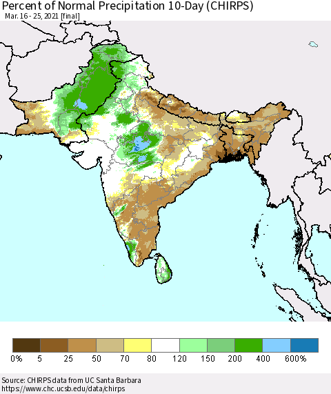 Southern Asia Percent of Normal Precipitation 10-Day (CHIRPS) Thematic Map For 3/16/2021 - 3/25/2021