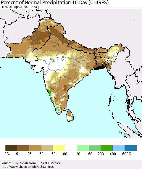 Southern Asia Percent of Normal Precipitation 10-Day (CHIRPS) Thematic Map For 3/26/2021 - 4/5/2021