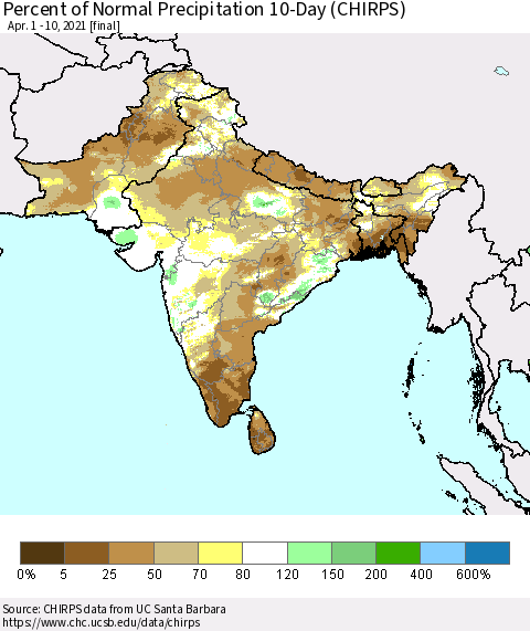 Southern Asia Percent of Normal Precipitation 10-Day (CHIRPS) Thematic Map For 4/1/2021 - 4/10/2021