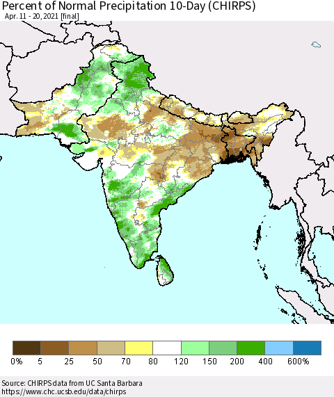 Southern Asia Percent of Normal Precipitation 10-Day (CHIRPS) Thematic Map For 4/11/2021 - 4/20/2021