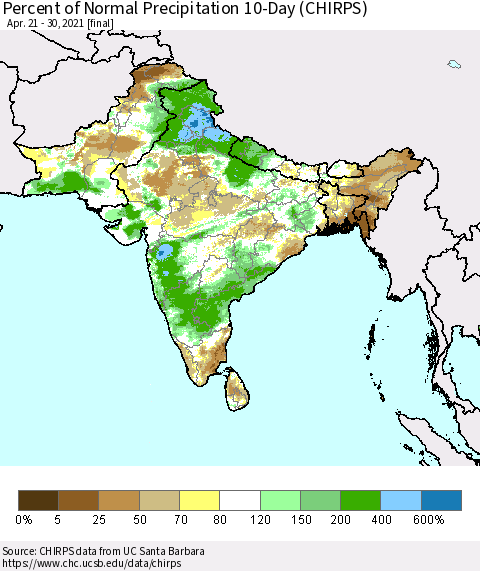 Southern Asia Percent of Normal Precipitation 10-Day (CHIRPS) Thematic Map For 4/21/2021 - 4/30/2021
