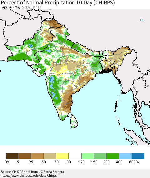 Southern Asia Percent of Normal Precipitation 10-Day (CHIRPS) Thematic Map For 4/26/2021 - 5/5/2021