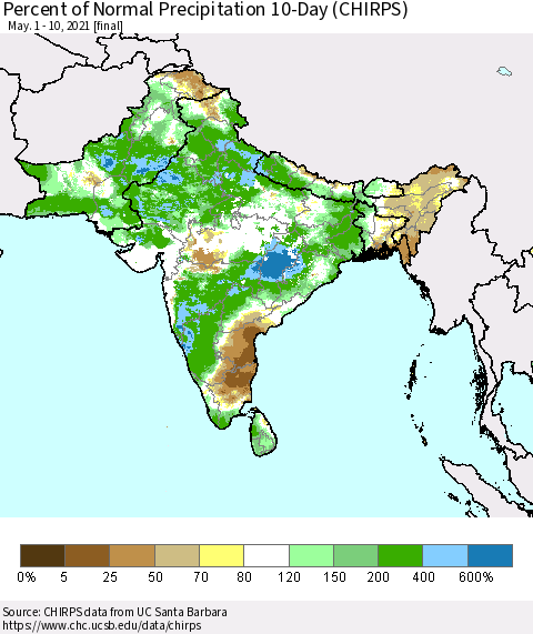 Southern Asia Percent of Normal Precipitation 10-Day (CHIRPS) Thematic Map For 5/1/2021 - 5/10/2021