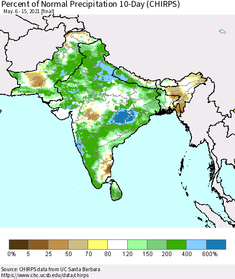 Southern Asia Percent of Normal Precipitation 10-Day (CHIRPS) Thematic Map For 5/6/2021 - 5/15/2021
