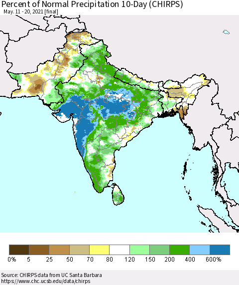 Southern Asia Percent of Normal Precipitation 10-Day (CHIRPS) Thematic Map For 5/11/2021 - 5/20/2021