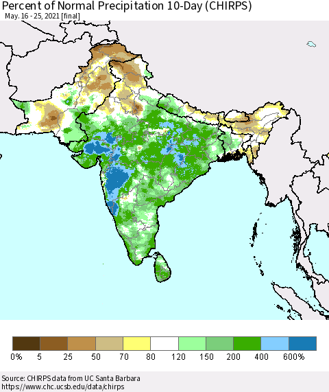 Southern Asia Percent of Normal Precipitation 10-Day (CHIRPS) Thematic Map For 5/16/2021 - 5/25/2021