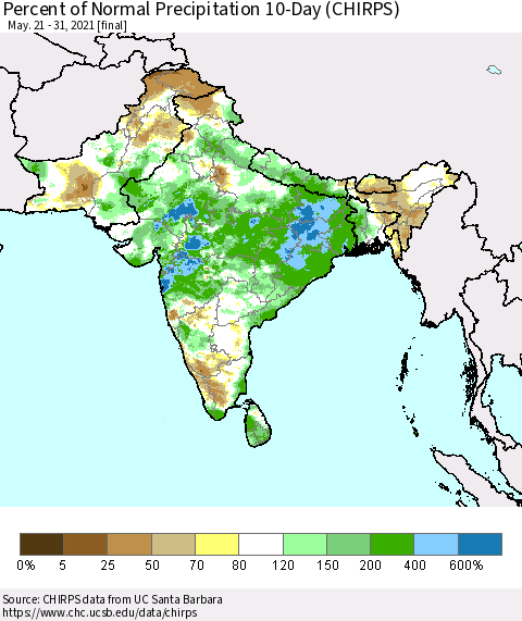 Southern Asia Percent of Normal Precipitation 10-Day (CHIRPS) Thematic Map For 5/21/2021 - 5/31/2021