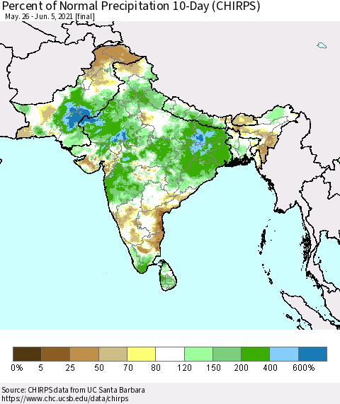 Southern Asia Percent of Normal Precipitation 10-Day (CHIRPS) Thematic Map For 5/26/2021 - 6/5/2021