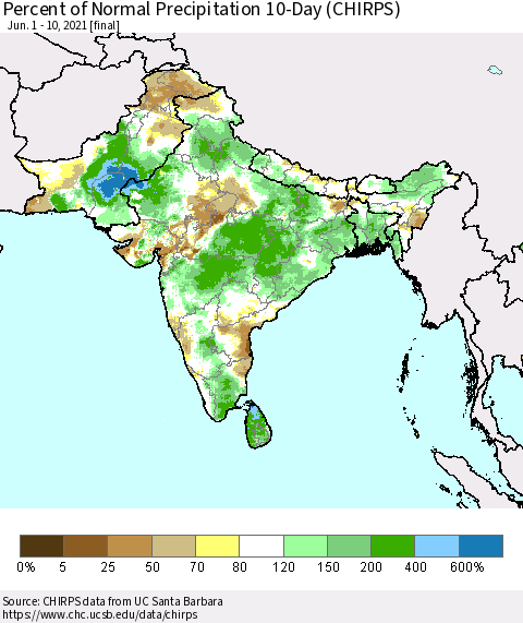 Southern Asia Percent of Normal Precipitation 10-Day (CHIRPS) Thematic Map For 6/1/2021 - 6/10/2021