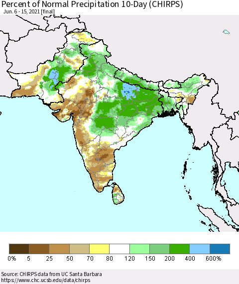 Southern Asia Percent of Normal Precipitation 10-Day (CHIRPS) Thematic Map For 6/6/2021 - 6/15/2021