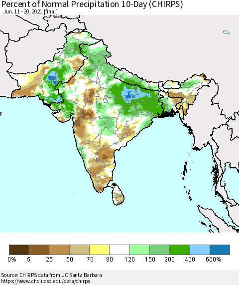 Southern Asia Percent of Normal Precipitation 10-Day (CHIRPS) Thematic Map For 6/11/2021 - 6/20/2021