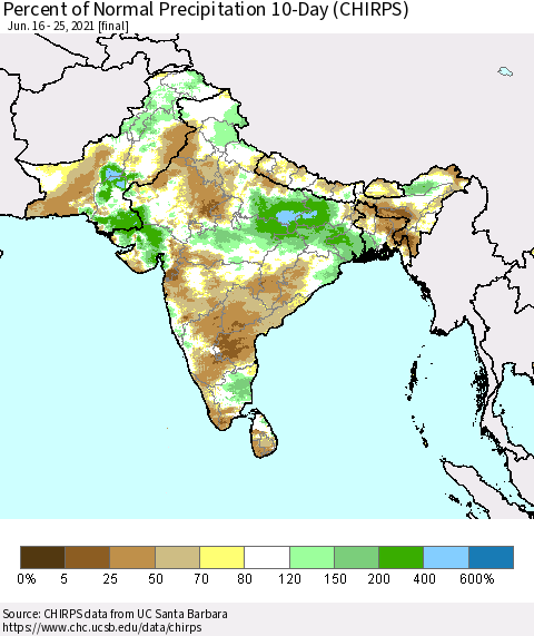 Southern Asia Percent of Normal Precipitation 10-Day (CHIRPS) Thematic Map For 6/16/2021 - 6/25/2021