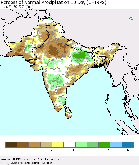 Southern Asia Percent of Normal Precipitation 10-Day (CHIRPS) Thematic Map For 6/21/2021 - 6/30/2021
