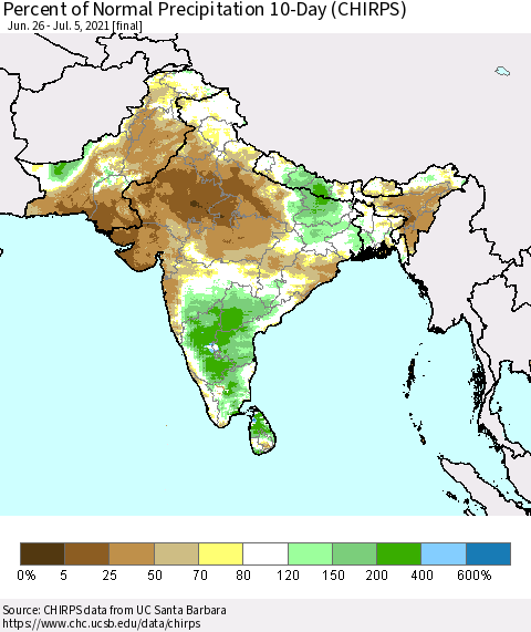Southern Asia Percent of Normal Precipitation 10-Day (CHIRPS) Thematic Map For 6/26/2021 - 7/5/2021