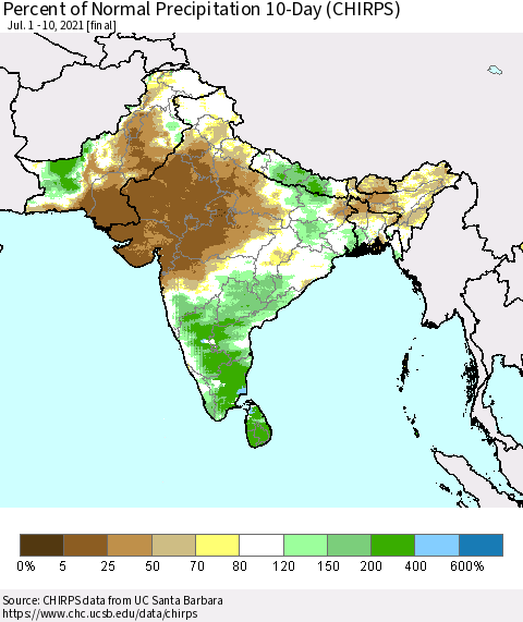 Southern Asia Percent of Normal Precipitation 10-Day (CHIRPS) Thematic Map For 7/1/2021 - 7/10/2021