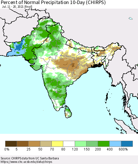 Southern Asia Percent of Normal Precipitation 10-Day (CHIRPS) Thematic Map For 7/11/2021 - 7/20/2021
