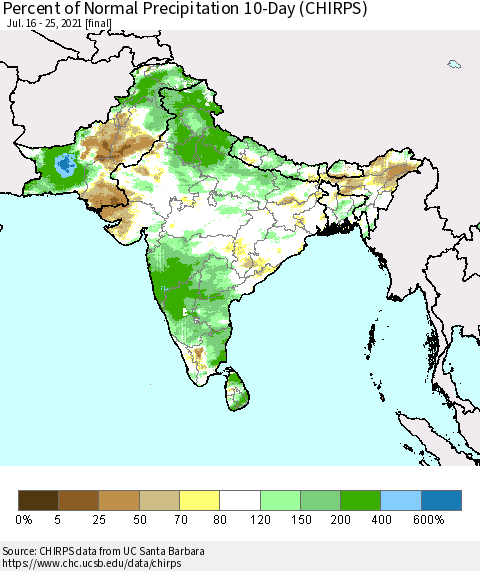 Southern Asia Percent of Normal Precipitation 10-Day (CHIRPS) Thematic Map For 7/16/2021 - 7/25/2021