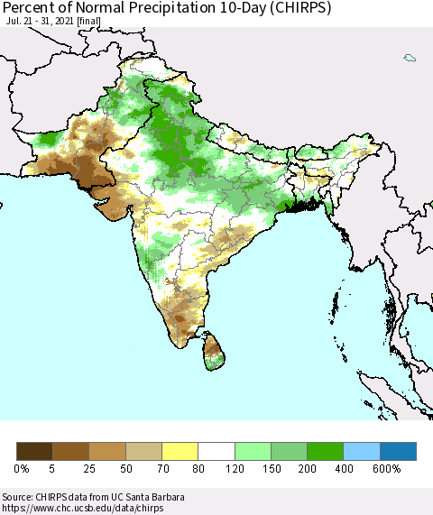 Southern Asia Percent of Normal Precipitation 10-Day (CHIRPS) Thematic Map For 7/21/2021 - 7/31/2021