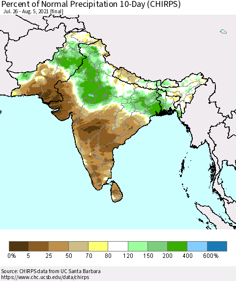 Southern Asia Percent of Normal Precipitation 10-Day (CHIRPS) Thematic Map For 7/26/2021 - 8/5/2021