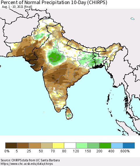 Southern Asia Percent of Normal Precipitation 10-Day (CHIRPS) Thematic Map For 8/1/2021 - 8/10/2021