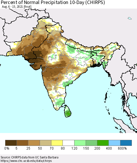 Southern Asia Percent of Normal Precipitation 10-Day (CHIRPS) Thematic Map For 8/6/2021 - 8/15/2021