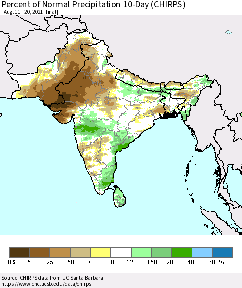 Southern Asia Percent of Normal Precipitation 10-Day (CHIRPS) Thematic Map For 8/11/2021 - 8/20/2021