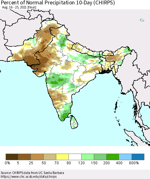 Southern Asia Percent of Normal Precipitation 10-Day (CHIRPS) Thematic Map For 8/16/2021 - 8/25/2021