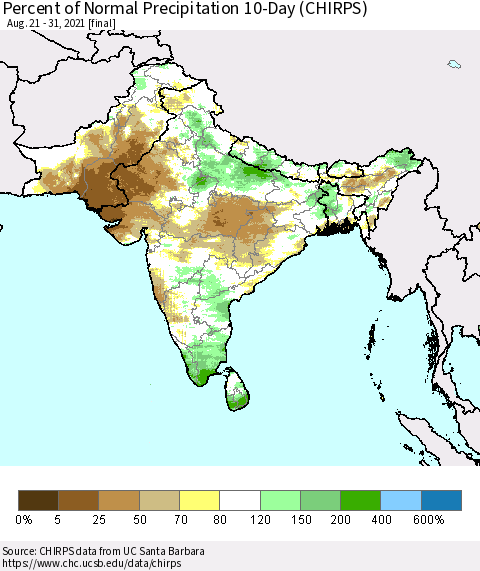 Southern Asia Percent of Normal Precipitation 10-Day (CHIRPS) Thematic Map For 8/21/2021 - 8/31/2021