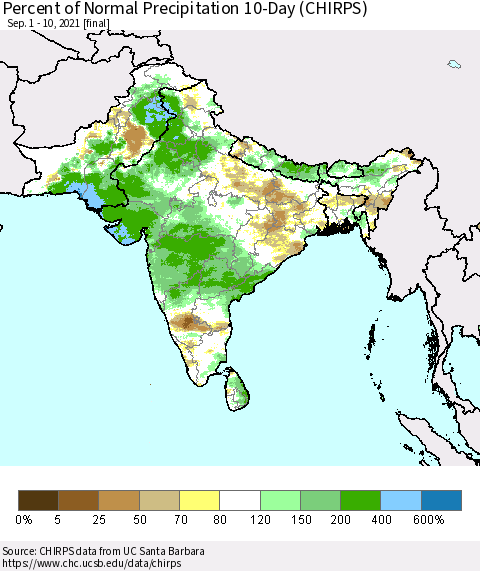 Southern Asia Percent of Normal Precipitation 10-Day (CHIRPS) Thematic Map For 9/1/2021 - 9/10/2021